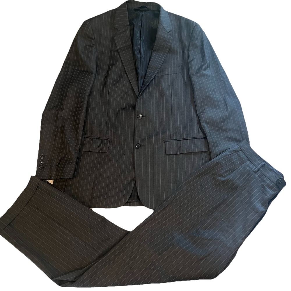 Baroni Couture Suit Super 150s Mens 42L Gray Stripe Blazer Pants 36x32 100% Wool